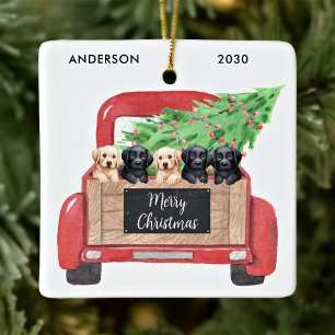 Labrador Puppies Dogs Vintage Red Christmas Truck Ceramic Ornament