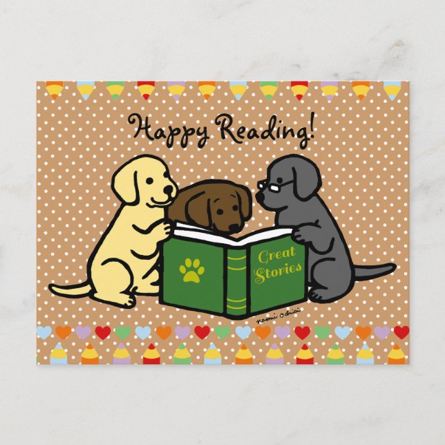 Labrador Puppies Reading Cartoon Postcard (Front)