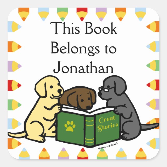 Labrador Puppies Reading Cartoon Square Sticker (Front)
