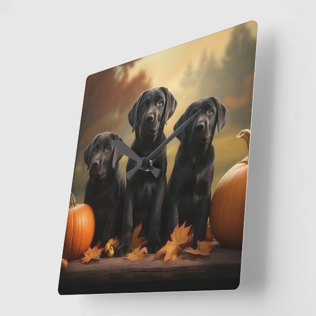 Labrador Puppy Autumn Delight Pumpkin  Square Wall Clock (Angle)