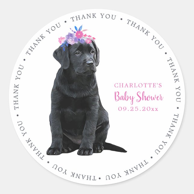 Labrador Puppy Dog Pink Girl Baby Shower Classic Round Sticker (Front)