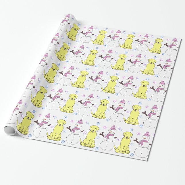 Labrador Retriever And Snowman Wrapping Paper (Unrolled)