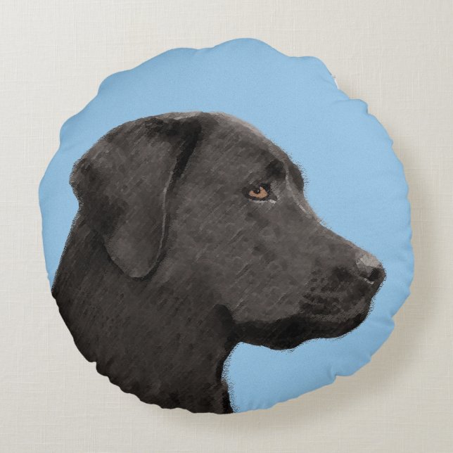 Labrador Retriever Black Painting Original Dog Art Round Cushion (Back)