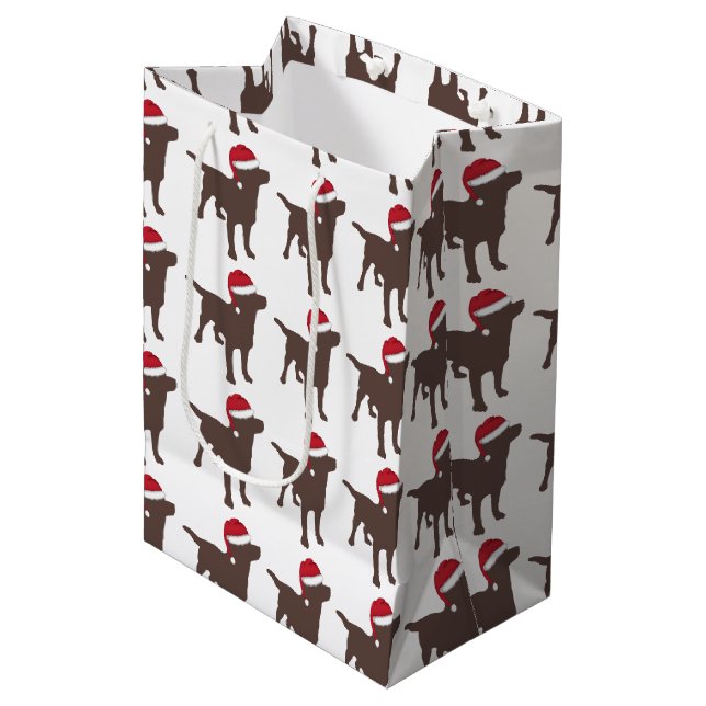 Labrador Retriever - Chocolate - In Red Santa Hat Medium Gift Bag (Front Angled)