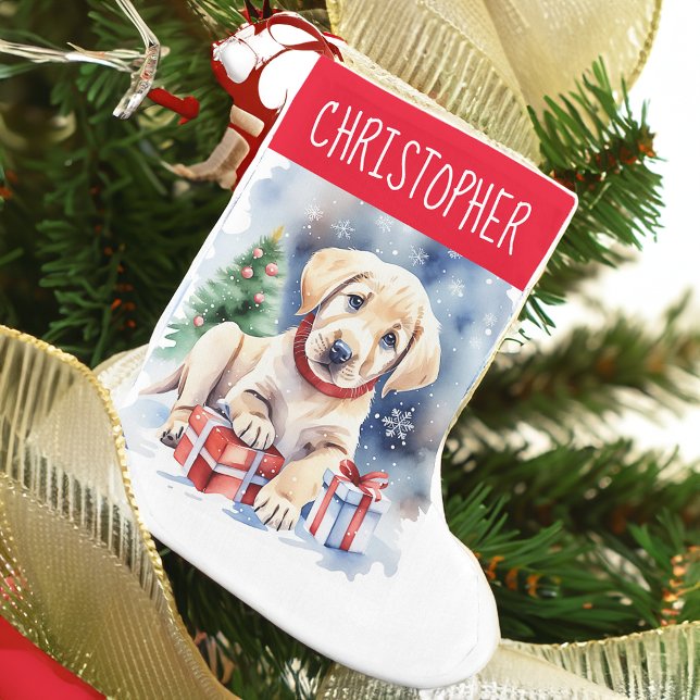 Labrador retriever Christmas gifts for dog people Small Christmas Stocking (Labrador retriever puppy personalized Christmas stockings watercolor cute puppy with gifts pet lover)