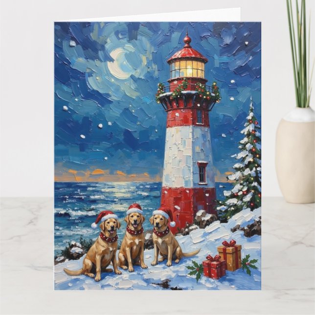 Labrador Retriever Christmas Lighthouse Holiday Card (Front)