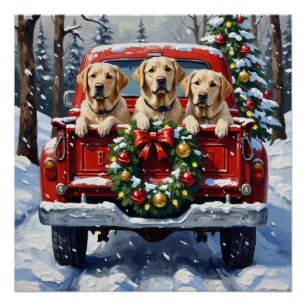Labrador Retriever Christmas Red Truck Holiday Poster
