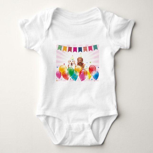 Labrador Retriever Dog Balloons Birthday Baby Bodysuit (Front)