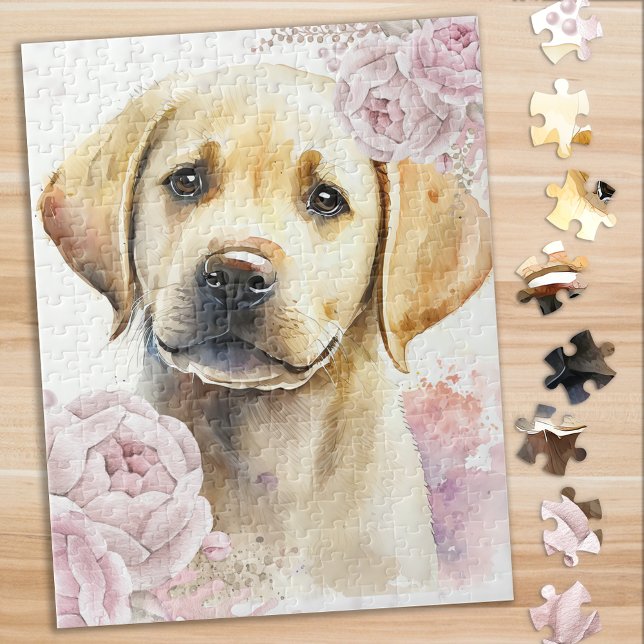 Labrador Retriever Dog Floral Yellow Lab Puppy Jigsaw Puzzle (Creator Uploaded)