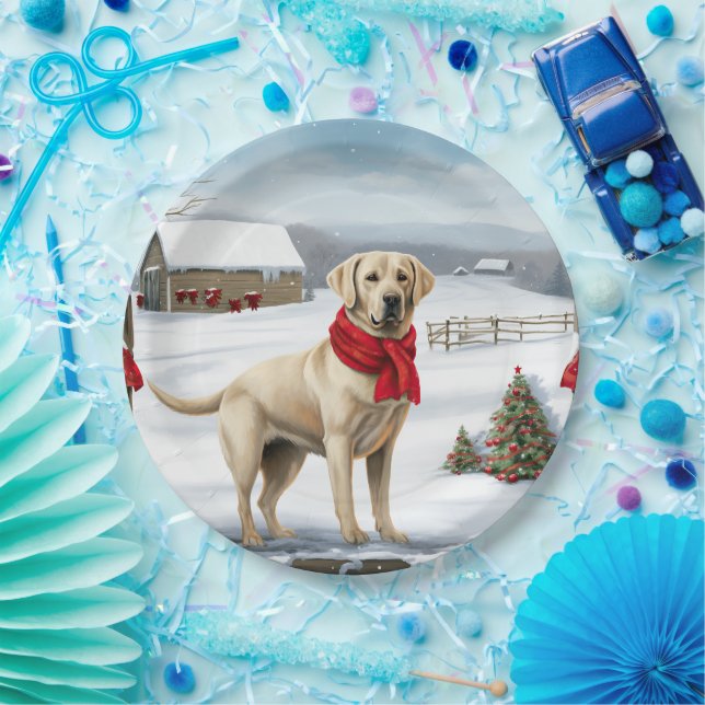 Labrador Retriever Dog in Snow Christmas Paper Plate (Party)
