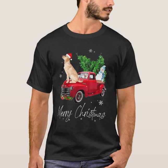 Labrador Retriever Dog Riding Red Truck Christmas T-Shirt (Front)