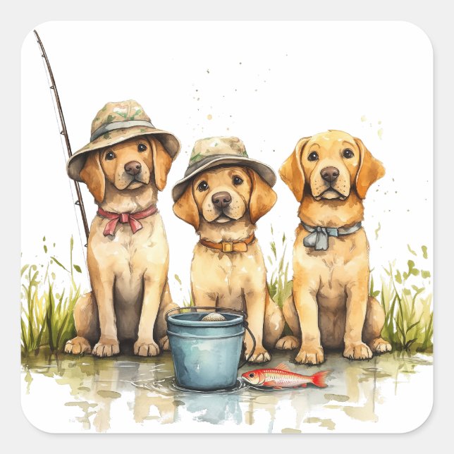 Labrador Retriever Dogs Fishing Square Sticker (Front)