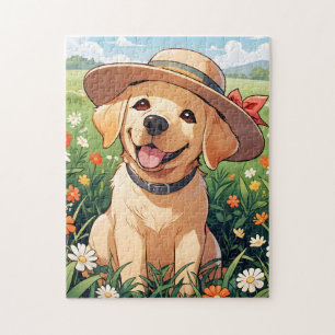 Labrador Retriever flowers field Jigsaw Puzzle