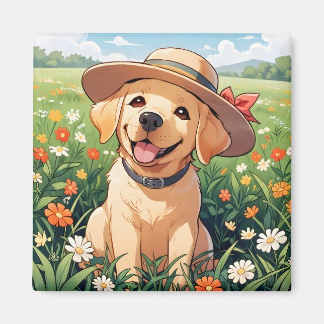 Labrador Retriever flowers field Magnet (Front)
