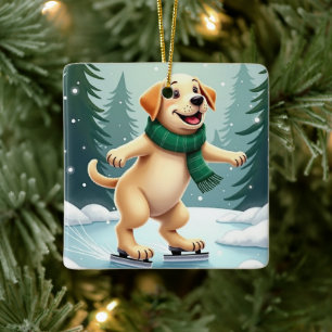 Labrador Retriever Ice Skating Christmas Painting Ceramic Ornament