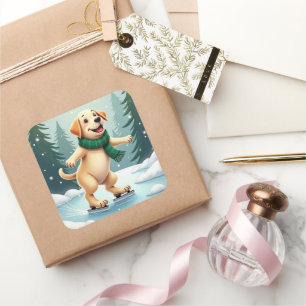 Labrador Retriever Ice Skating Christmas Painting Square Sticker