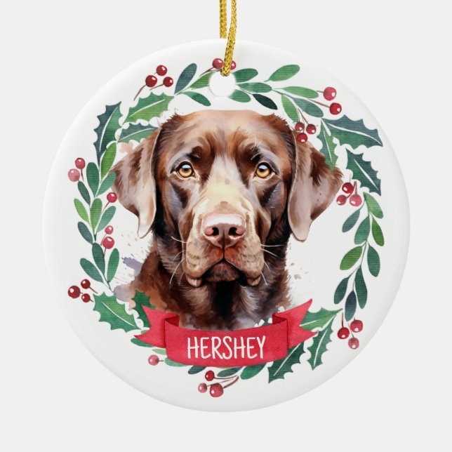 Labrador Retriever Personalised Holiday Wreath Dog Ceramic Tree Decoration (Front)