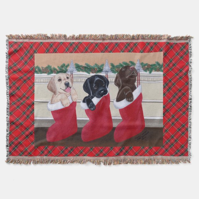 Labrador Retriever Puppies Christmas Painting Throw Blanket (Front)