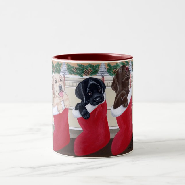 Labrador Retriever Puppies Christmas Painting Two-Tone Coffee Mug (Center)