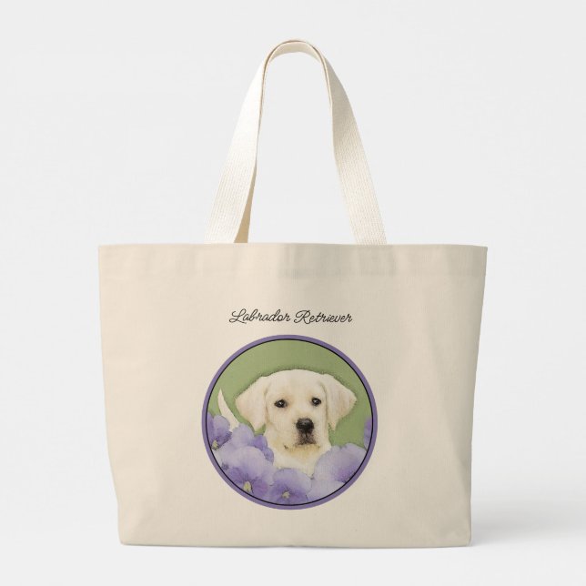 Labrador Retriever Puppy Painting Yellow Dog Art Large Tote Bag (Back)