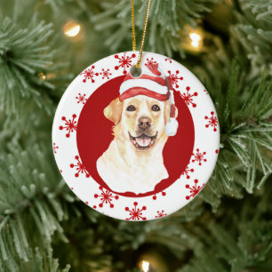 Labrador Retriever Santa Hat Red Snowflake Ceramic Tree Decoration