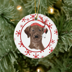 Labrador Retriever Santa Hat Red Snowflake Ceramic Tree Decoration