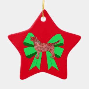 Labrador Retriever Silhouette Green Bow Christmas Ceramic Tree Decoration