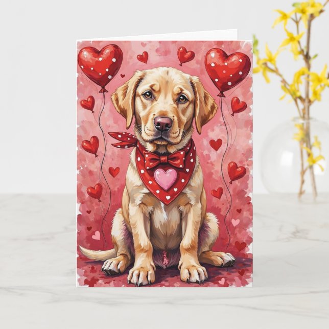 Labrador Retriever Valentine’s Day Dog with Hearts Card (Yellow Flower)