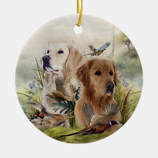 Labrador Retrievers with Pheasant ,Art  Ceramic Tree Decoration (Front)