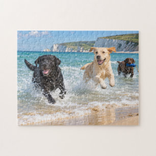 Labrador Trio Coastal Beach Splashing Play Design Jigsaw Puzzle
