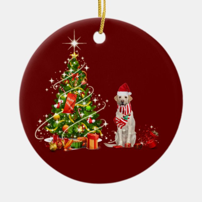labrador With Hat Scaft Christmas Ceramic Tree Decoration (Front)