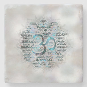 Labradorite Namaste Word Art in Lotus with OM Stone Coaster