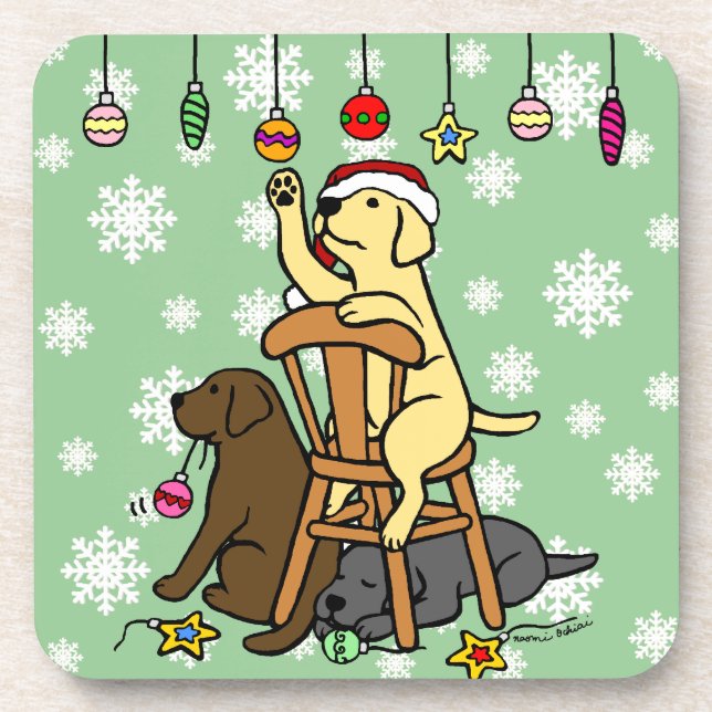 Labradors and Christmas Ornaments Cartoon Coaster (Front)