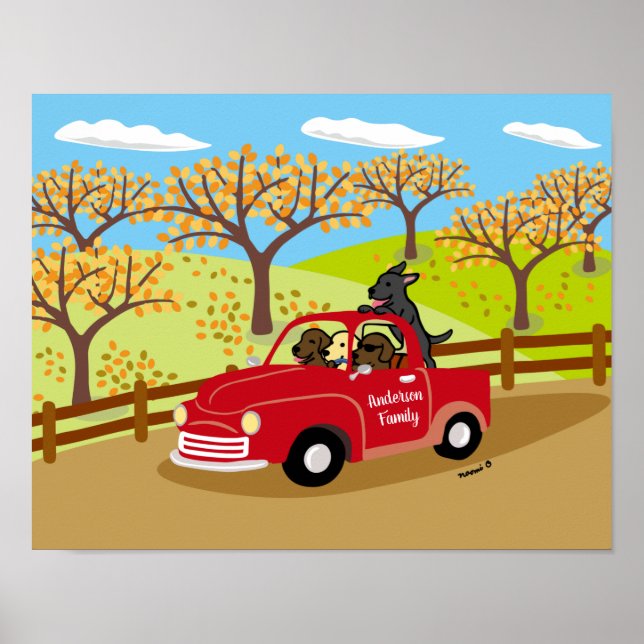 Labradors and Red Truck Fall View Poster (Front)