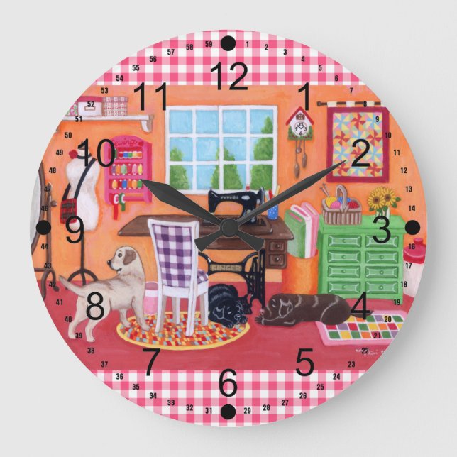 Labradors in Mum's Sewing Room Painting Large Clock (Front)