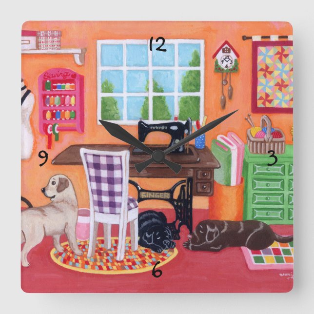 Labradors in Mum's Sewing Room Painting Square Wall Clock (Front)