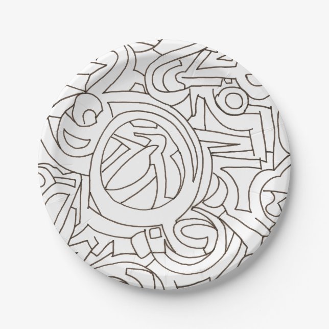 Labyrinth-Black and White Abstract Art Paper Plate (Front)