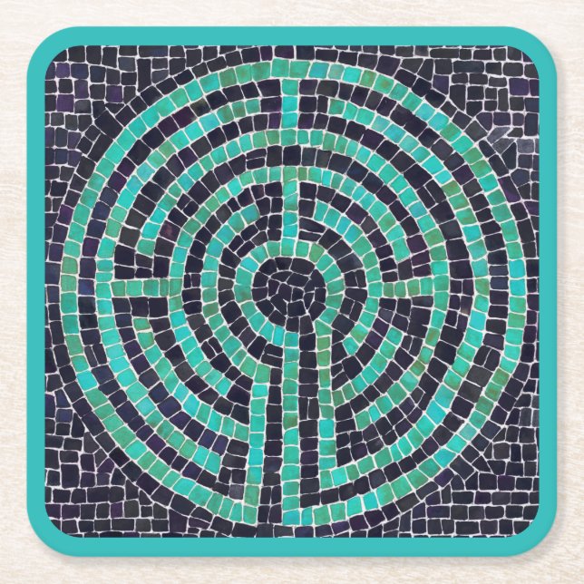LABYRINTH III Square Paper Coasters - Turquoise (Front)