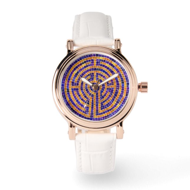 LABYRINTH MOSAIC Rose Gold Vintage White Watch (Front)