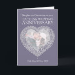 Lace 13th wedding anniversary photo card<br><div class="desc">Lace wedding anniversary card personalise with your choice of receiver,  year of marriage and photo and inside words. Example reads: Daughter and Son-in-law on your Lace 13th Wedding Anniversary and your dates. Lace heart effect art and design by Sarah Trett for www.mylittleeden.com on zazzle.</div>