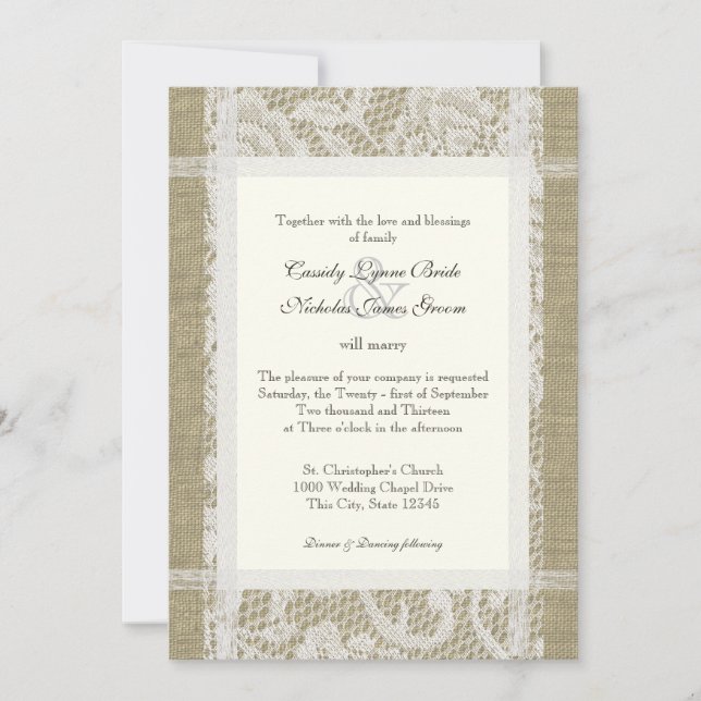 Lace and Burlap Country Romance 7x5 Wedding Invitation (Front)