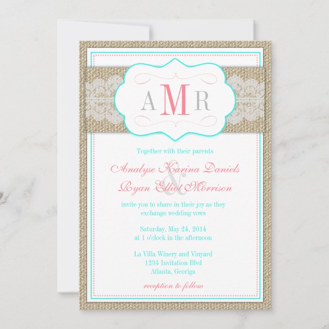 Lace and Burlap Monogram Rustic Wedding Invitation (Front)