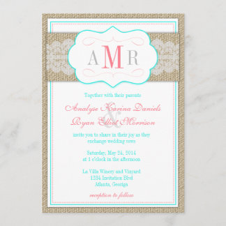 Lace and Burlap Monogram Rustic Wedding Invitation