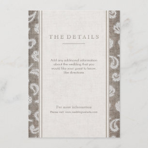 Lace and burlap rustic country wedding detail card