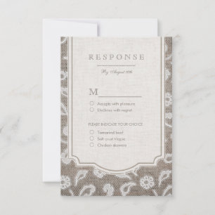Lace and burlap rustic country wedding RSVP Card