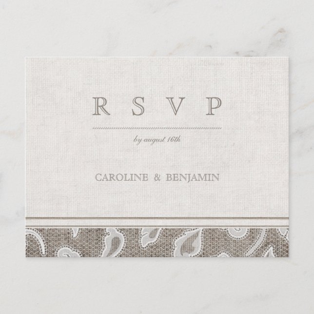 Lace and burlap rustic country wedding RSVP Invitation Postcard (Front)