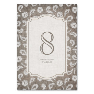 Lace and burlap rustic country wedding table card