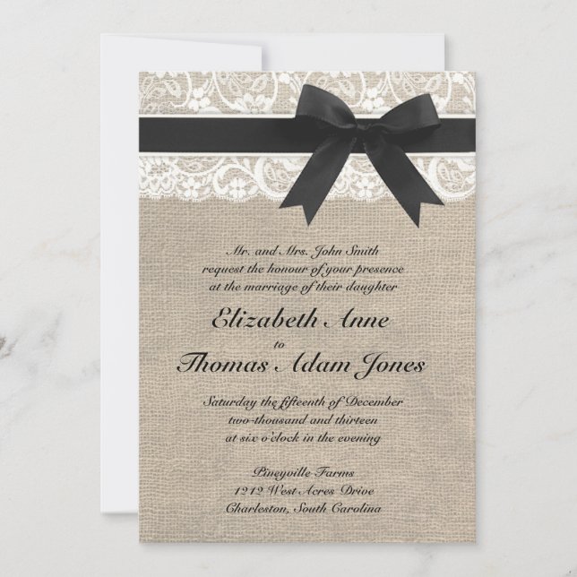 Lace and Burlap Rustic Wedding Invitation - Black (Front)
