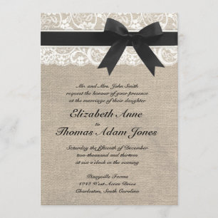Lace and Burlap Rustic Wedding Invitation - Black