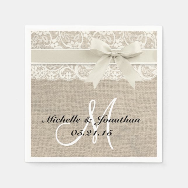 Lace and Burlap Rustic Wedding Napkin Ivory (Front)